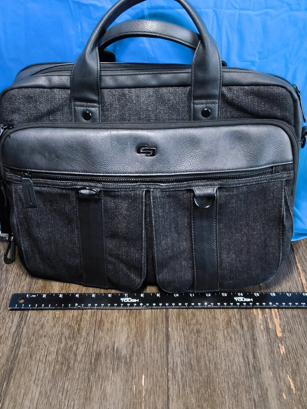 Solo New York Laptop Briefcase Messenger Bag Black Denim Faux Leather Business - Picture 6 of 9